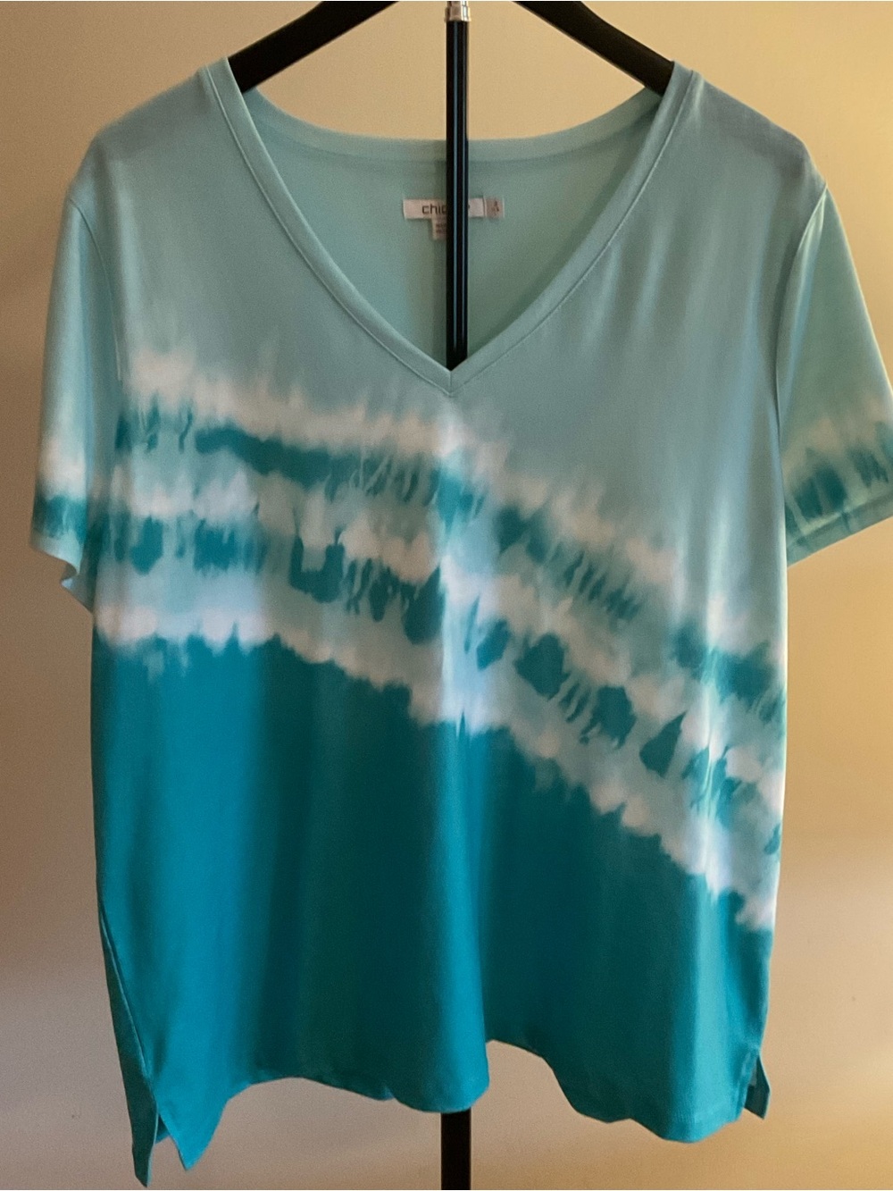 Chico's Aqua & Teal V-Neck Tie-Dye Short Sleeve Top Size 2 Large